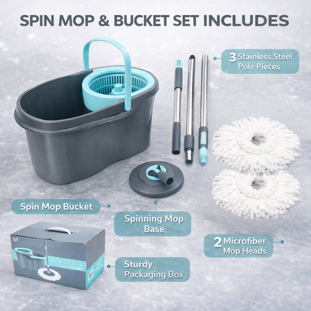 360 Spin Mop and Bucket Set with Wringer - Stainless Steel Extended Handle Spinning Mop Bucket System with Microfiber Mop Refills for Hardwood, Tile & Laminate Floor Cleaning, Black Blue Pink Red