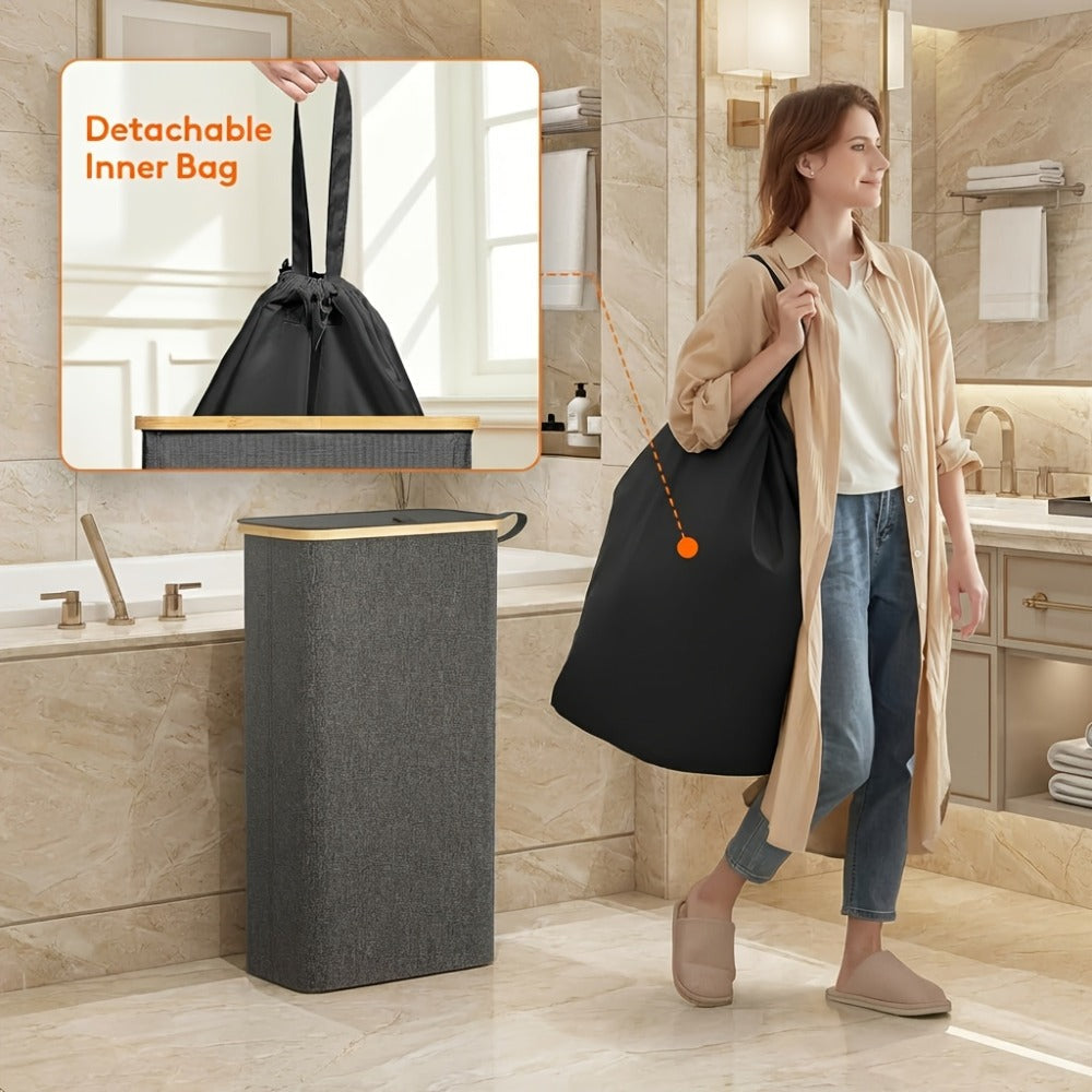 Slim Laundry Hamper with Lid & Removable Bag ¨C Foldable Narrow Clothes Basket with Bamboo Handles for Bathroom, Bedroom & Dorm ¨C 50L / 65L / 75L Space-Saving Collapsible Laundry Bin