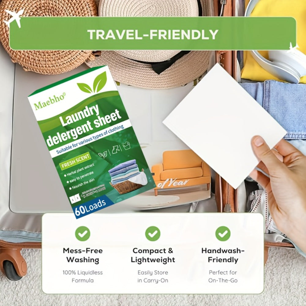 Laundry Detergent Sheets 60 Loads Fresh Scent Hypoallergenic Liquidless Stain and Odor Remover for Sensitive Skin Works in Hot and Cold Water Space-Saving Travel Size Eco-Friendly Laundry Strips
