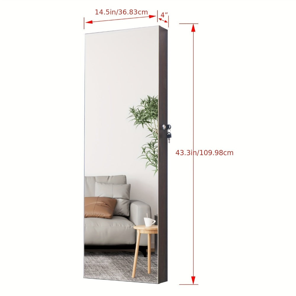 Full Length Mirror Jewelry Armoire Cabinet, 2-in-1 Lockable Over the Door Mirror with Jewelry Storage, Makeup Organizer with Baskets Bins & Hooks, Bedroom Vanity Jewelry Cabinet in Black White Brown