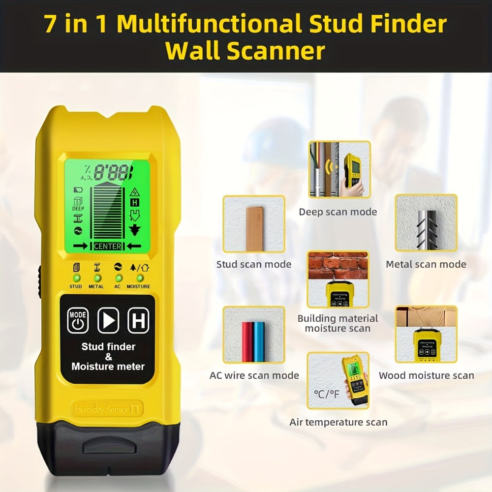 Stud Finder Wall Scanner 7-in-1 LCD Display Sound Alert | Wood Deep Stud Metal AC Wire Moisture Meter Temperature Sensor | Center-Finding Digital Wall Detector for DIY Home Renovation Construction