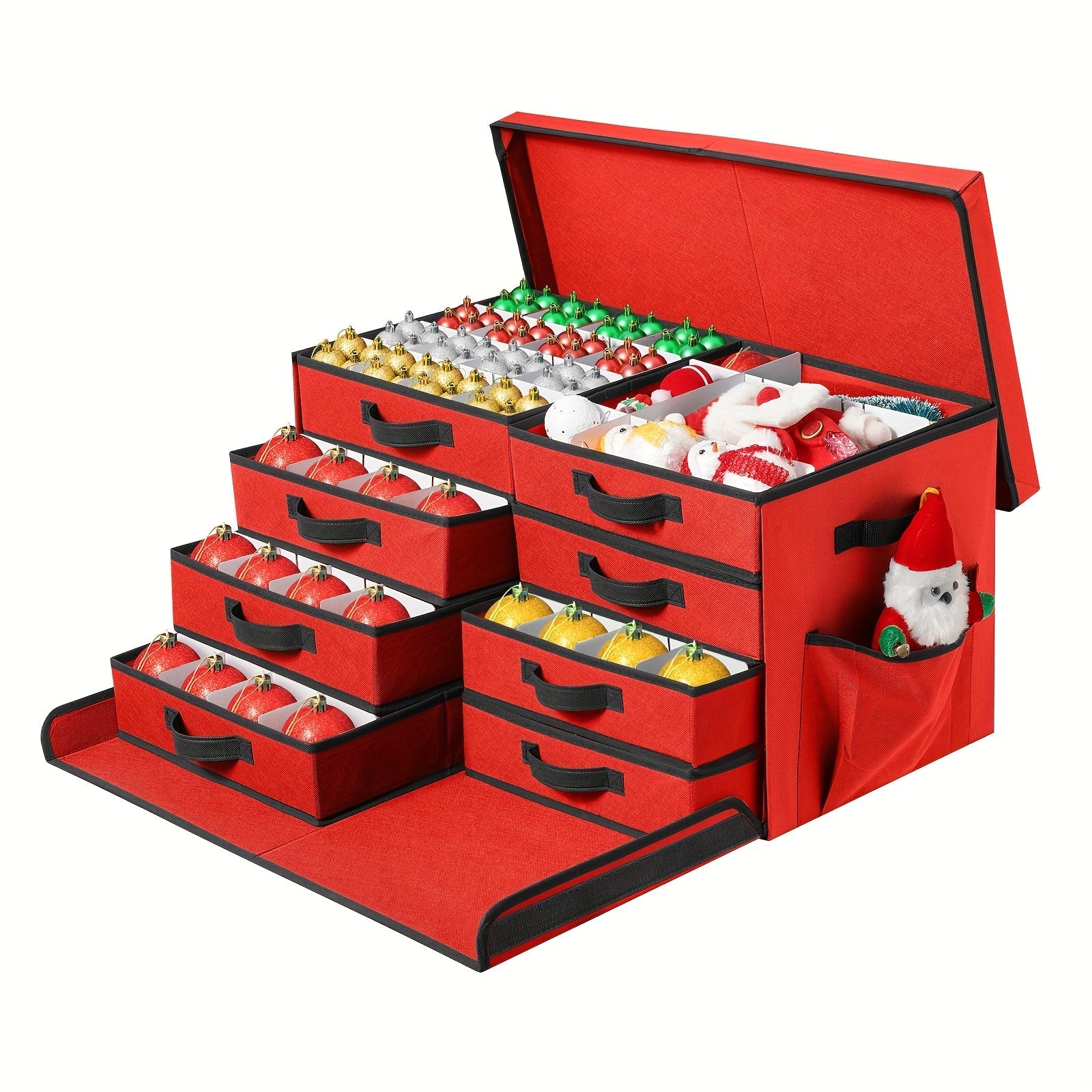 Christmas Ornament Storage Box 128 Slots 8 Trays Stackable Large Capacity Holiday Organizer with Lid Side Open Adjustable Dividers Removable Trays Red Green