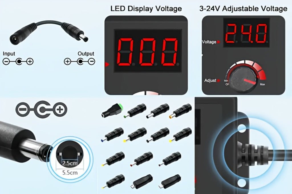 Adjustable AC DC Power Adapter 24W 3-12V 2A Universal Power Supply 100-240V with LED Voltage Display 14 Tips Polarity Converter for Small Home Electronics