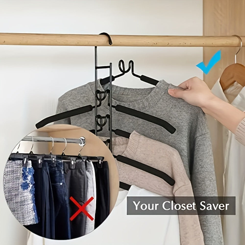 Space Saving Hangers 5-in-1 Multi-Layer Metal Closet Organizer | Heavy Duty Non-Slip Foam Pads | 2 Pack Clothes Hanger for Coats Sweaters Suits T-Shirts Closet Space Saver