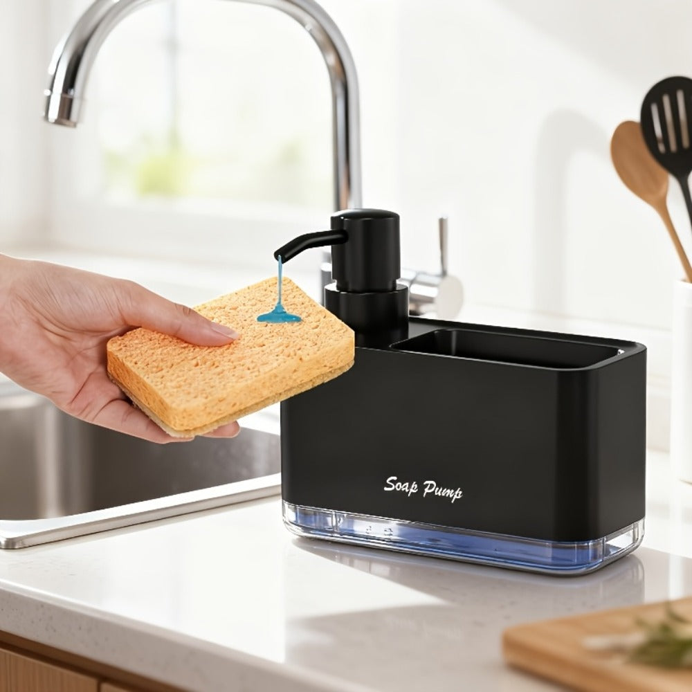 Soap Dispenser with Sponge Holder 2-in-1 - Countertop Dish Soap Pump Dispenser and Sponge Caddy for Kitchen Sink, Multi-Functional Detergent Dispenser with Built-In Sponge Holder, Available in White and Black Upgraded Version