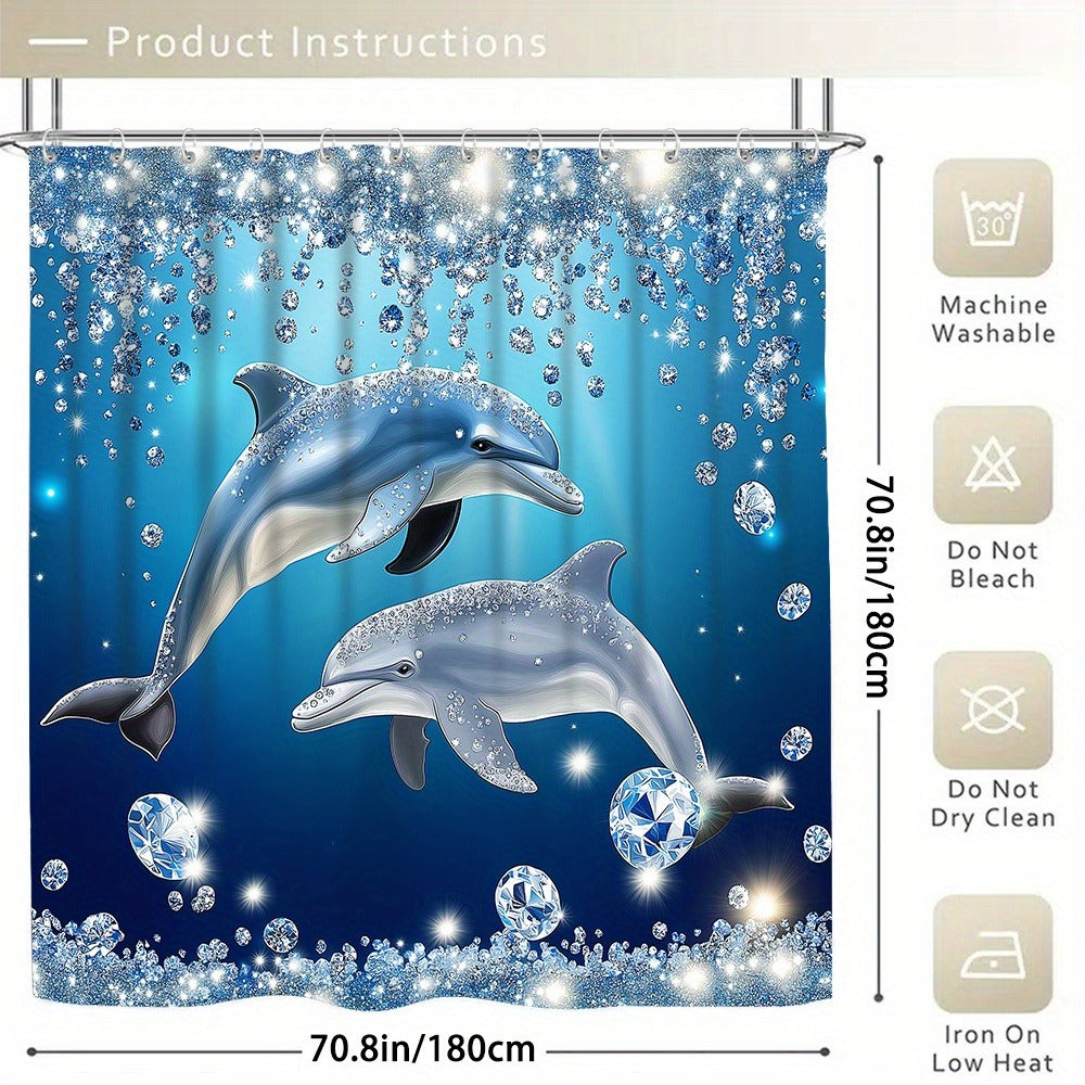 4pcs Dolphin Shower Curtain Set with Non-Slip Bath Mat, Toilet Rug & 12 Hooks ¨C Waterproof Bathroom Decor Gift Set