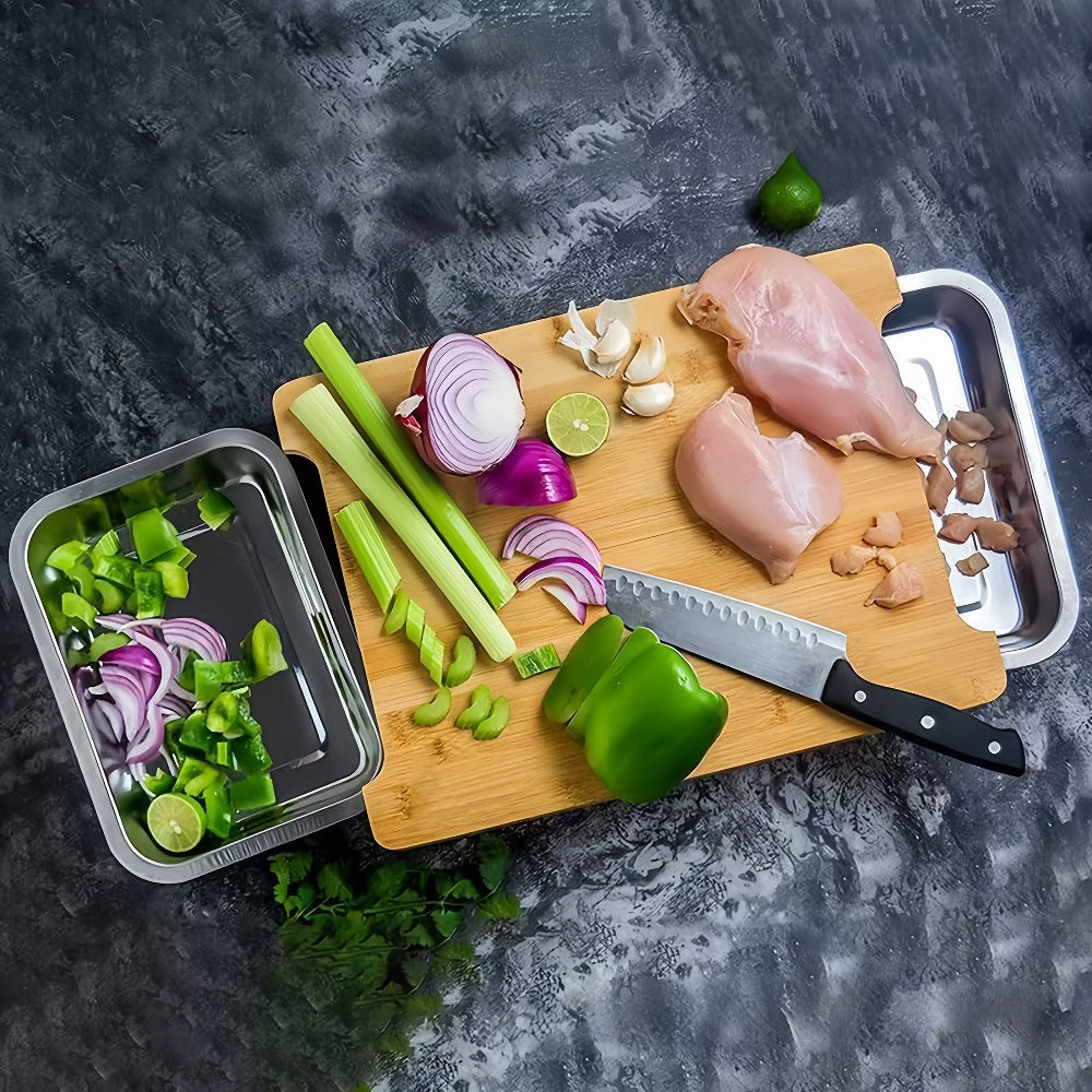 Bamboo Cutting Board with Trays & Drawers ¨C Large Butcher Block Chopping Board with Food Sliding Opening, Stackable Airtight Storage Trays & Bamboo Lids ¨C Kitchen Carving Board Gift for Home Cooks