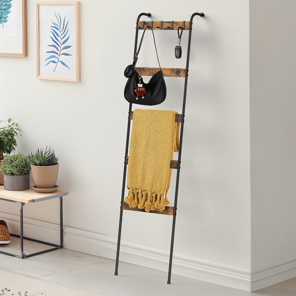 Blanket Ladder Rack 5 Tier with 10 Detachable Hooks - Freestanding Farmhouse Metal Towel Quilt Throw Storage Stand No Drilling Non-Slip Pads | Brown Black | Living Room Bathroom Bedroom Home Decor Organization