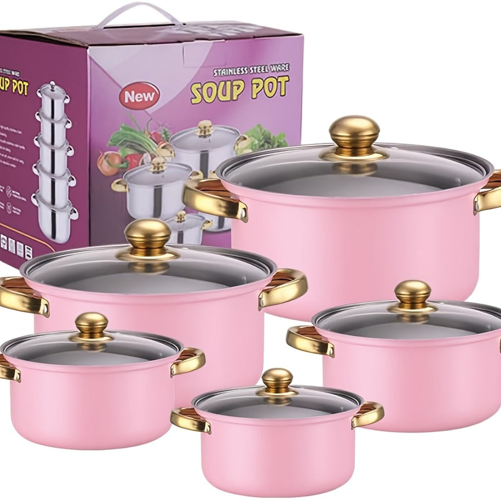 Stainless Steel Deep Pot Cookware Set 10 & 12 Piece with Lids & Dual Handles ¨C Oven Safe Soup Hot Pot Pasta Seafood Stew Pots | Silver Pink Gold | Home Restaurant Cooking Gift Set