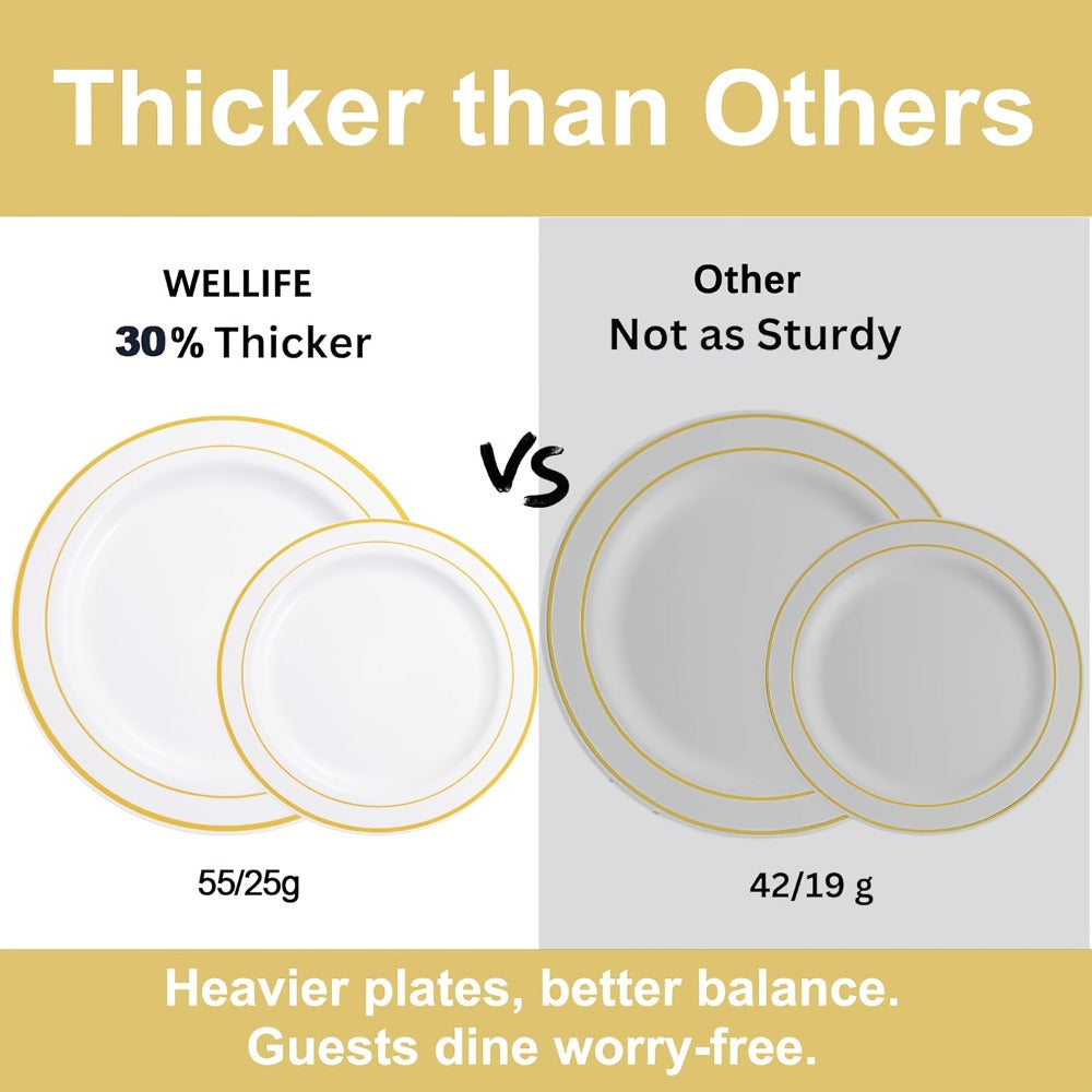 Gold Plastic Plates Disposable Dinnerware Set 350pcs ¨C 50 Dinner Plates, 50 Dessert Plates, 50 Gold Rim 9oz Cups & 50 Gold Cutlery Sets | Elegant Party Tableware for Wedding, Birthday & Holiday Events