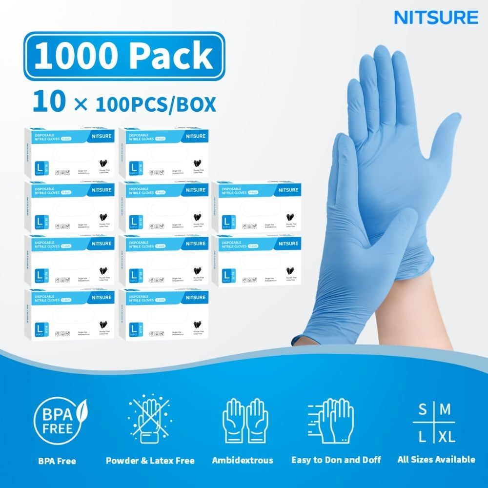 Blue Nitrile Disposable Gloves 5.5 Mil, Bulk Pack 101/201/501/1000 Count, Latex-Free Powder-Free Chemical Resistant Elastic Fit, for Household Cleaning, Tattooing, Painting, Car Washing & Maintenance