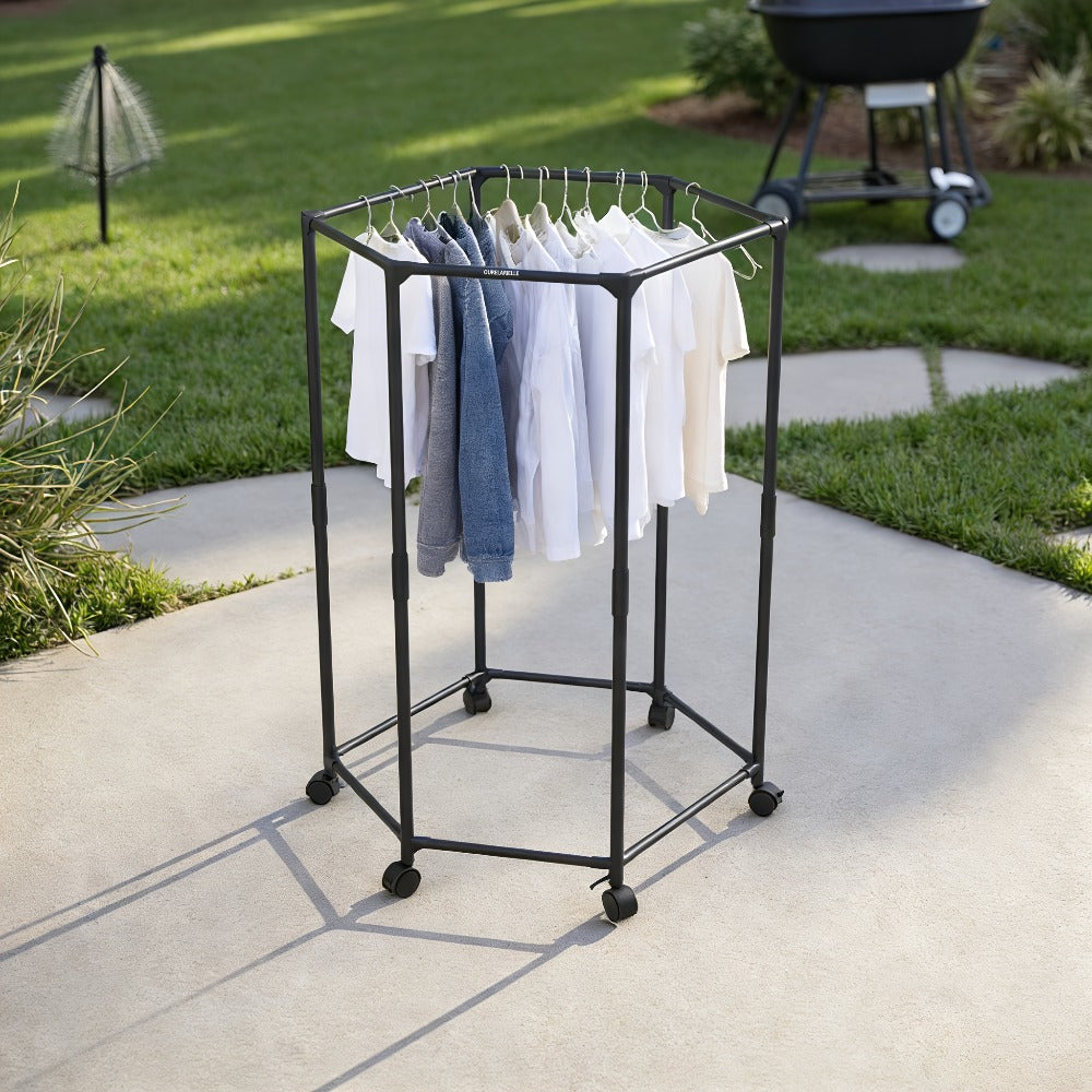 Hexagonal Clothes Drying Rack Freestanding Rotating Metal Garment Rack with Wheels Multiple Rods Space Saving Coat Rack for Bedroom Dorm Balcony Laundry