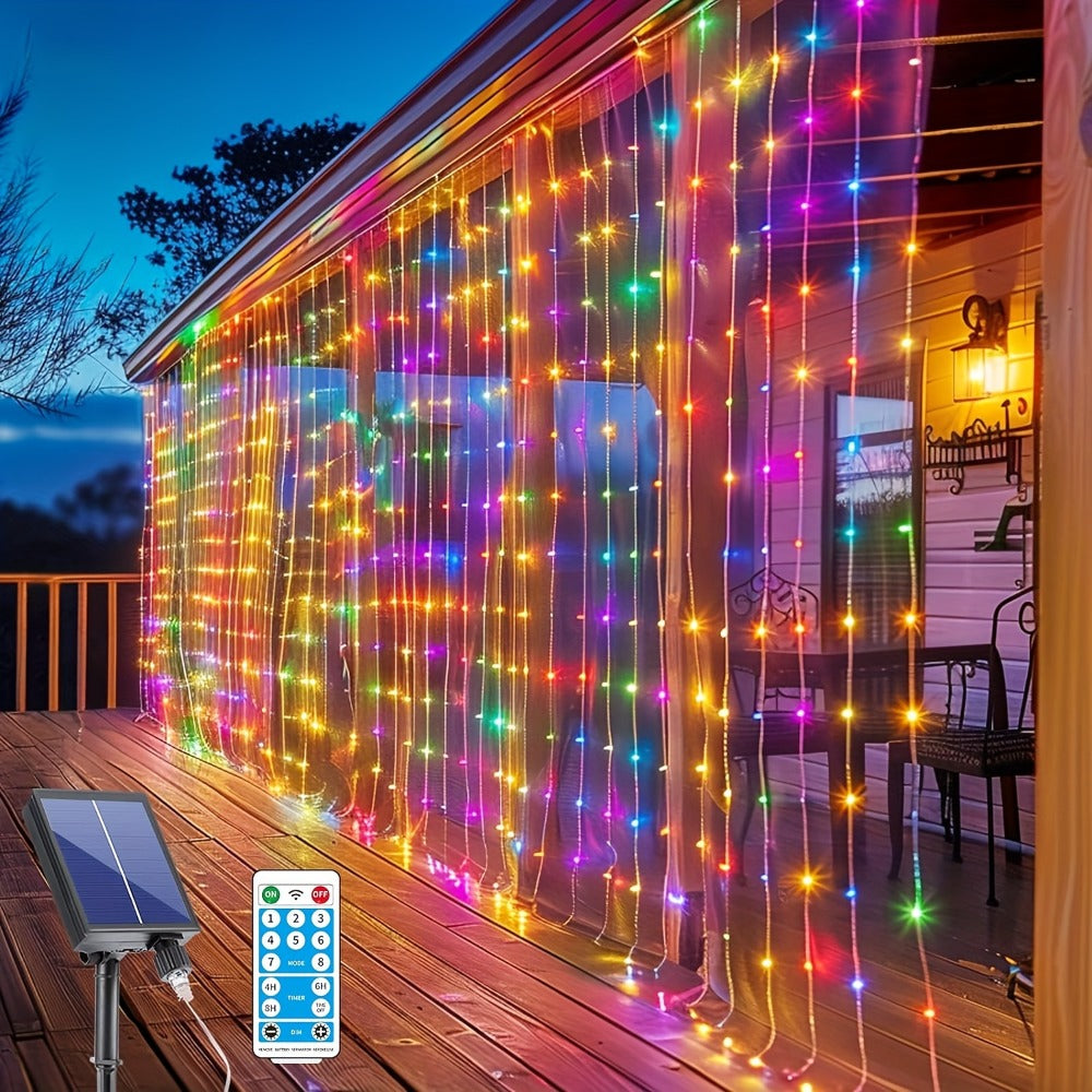 Solar Curtain Lights Outdoor 300 LED Waterfall Fairy String Lights with 8 Modes Remote Control USB Rechargeable Dimmable Timer for Christmas Gazebo Party Wedding Window Decor