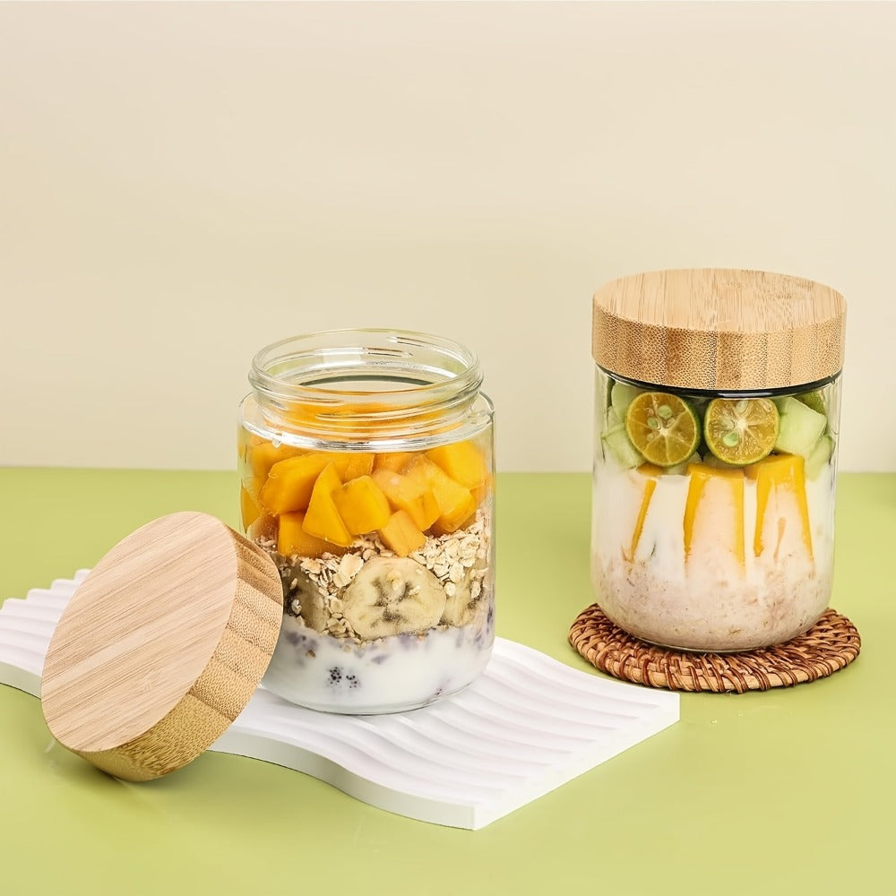 Glass Jars with Bamboo Lids - Airtight Wide Mouth Mason Jars for Overnight Oats Yogurt Chia Seeds Snacks and Meal Prep, Clear Glass Food Storage Containers for Salad Spice and Sugar, Available in 4 Pack 16oz or 6 Pack with Spoons