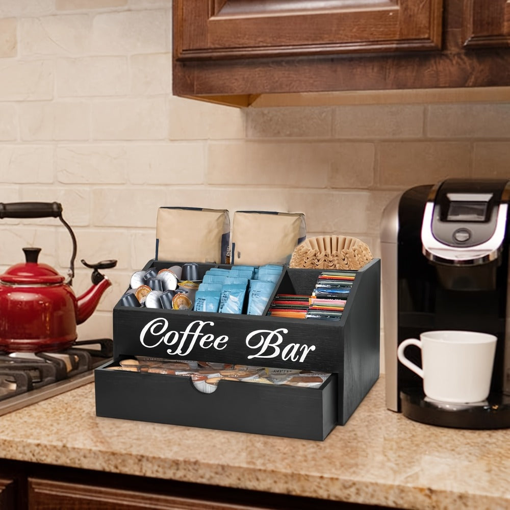 Coffee Bar Organizer with Drawer | Wood Countertop Coffee Station Organizer | 5-Compartment K-Cup Pod Holder Tea Condiment Storage | Rustic Farmhouse Coffee Bar Decor for Kitchen Counter