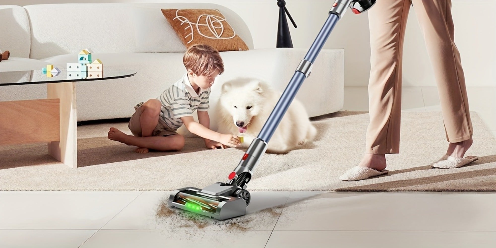 Anti-Tangle LED Vacuum Cleaner 55-69Kpa Corded & Cordless with Green LED Brush, Removable Battery & Multiple Suction Levels - Up to 45 Min Runtime for Carpets, Pet Hair & Hardwood Floors, 7 Colors