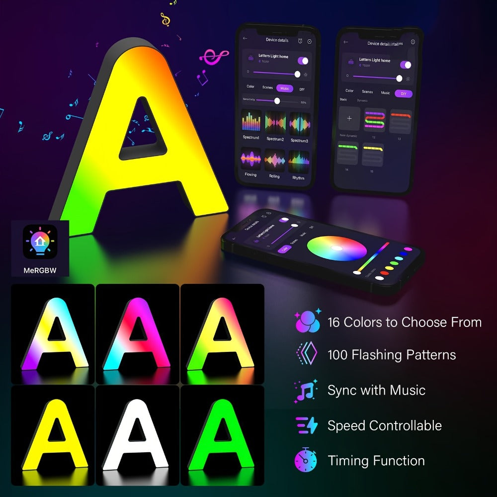LED Letter Lights Music Sync - Colorful Flashing Marquee Alphabet Lights for Room Decor, Party, Bedroom, Festival & Camping, Numbers 0-9 & A-Z & Symbols Available, Night Light Wall Decoration
