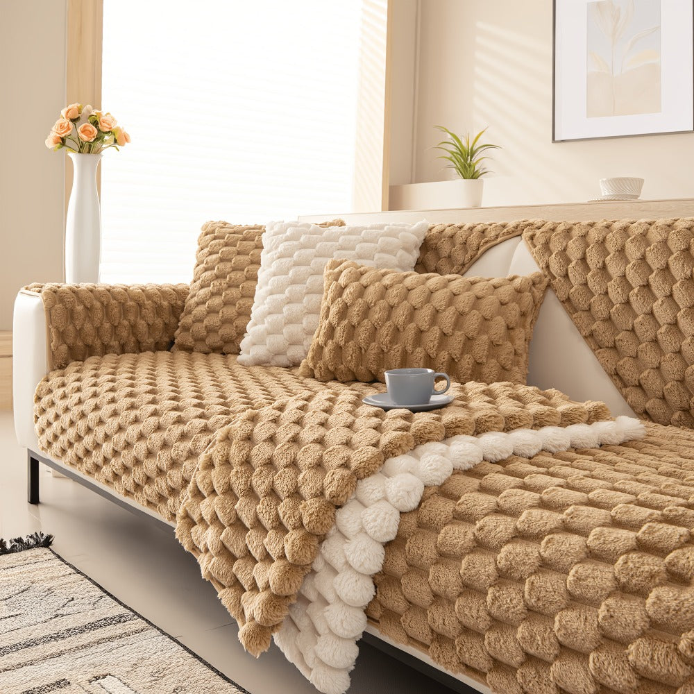 Non-Slip Sofa Cushion Cover Fuzzy Couch Pad Anti-Scratch Pet Friendly Machine Washable Fits 2 3 4 Seat Sectional Recliner 35.5 Inch Wide Beige Light Brown Grey
