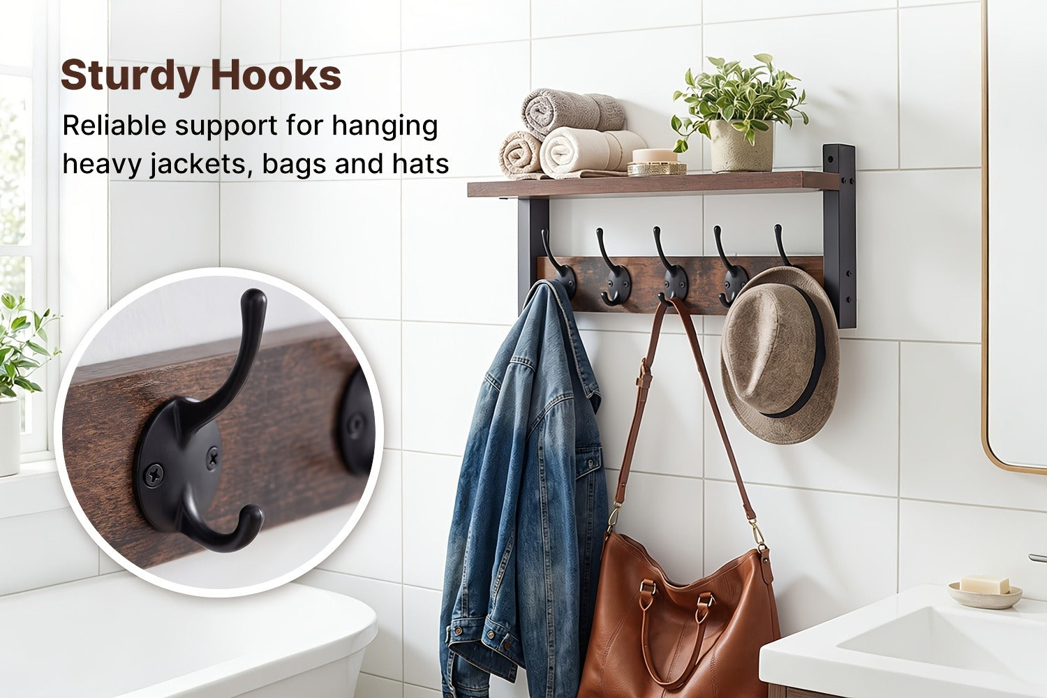 Wall Mounted Coat Hook Shelf with 5 Hooks - Wooden Floating Shelf & Key Rack Organizer for Entryway, Bedroom, Bathroom, Kitchen & Living Room - Rustic Vintage Style