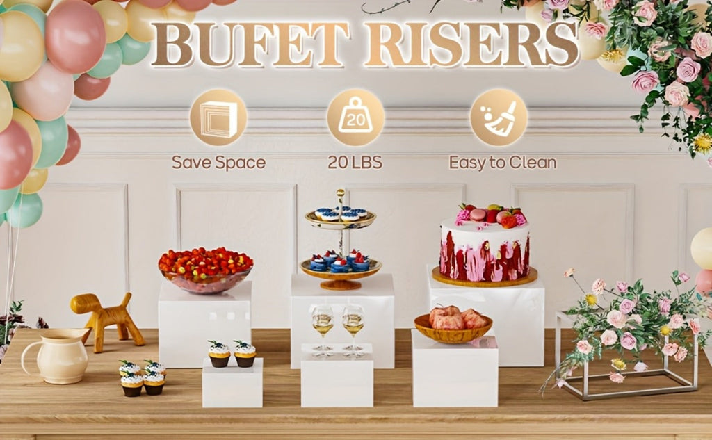 Buffet Risers Display Stand 6pcs - White Acrylic Food Risers for Buffet Table Party Catering Wedding Dessert Display Jewelry Collectibles Nesting Boxes Shelf Organizer
