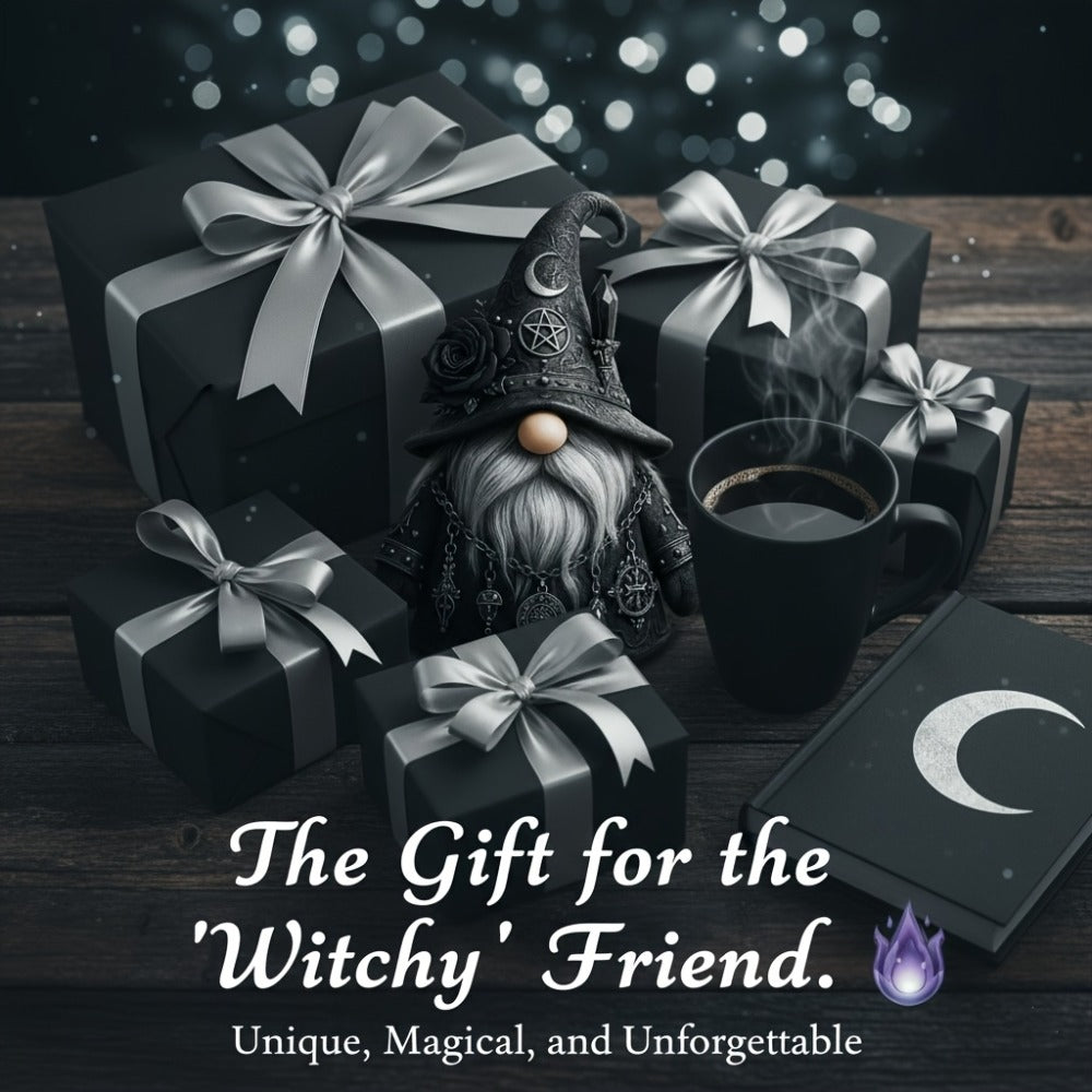 Resin Figurine Gothic Elf Dwarf Statue ¨C Vintage Fantasy Desktop Ornament with Crescent Pentagram Black Rose Gray Beard ¨C Mysterious Collectible Sculpture for Home Office Shelf Decor Gift