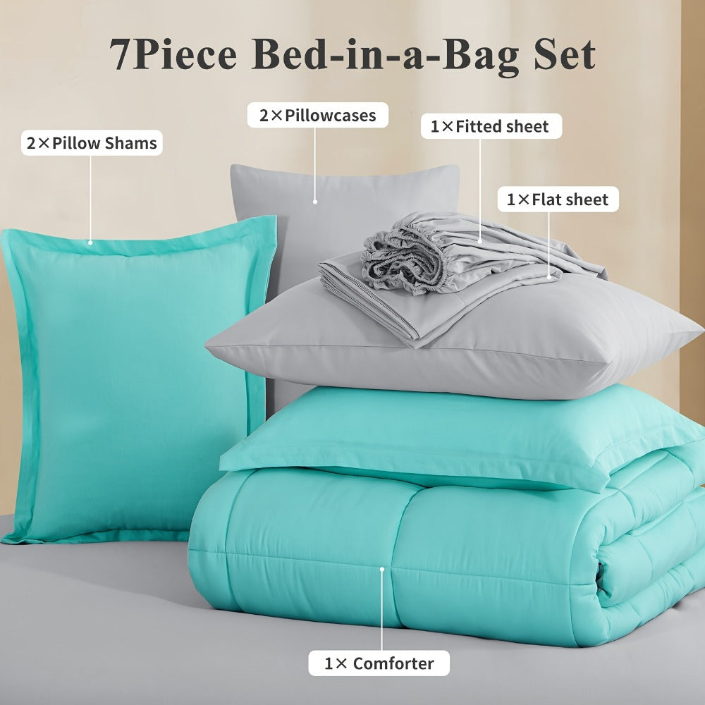 7 Piece Comforter Set Luxury Soft Fluffy Bedding All Season Bed in a Bag with Comforter Fitted Sheet Flat Sheet Pillowcases Hypoallergenic Breathable Easy Care Queen King Twin XL Full