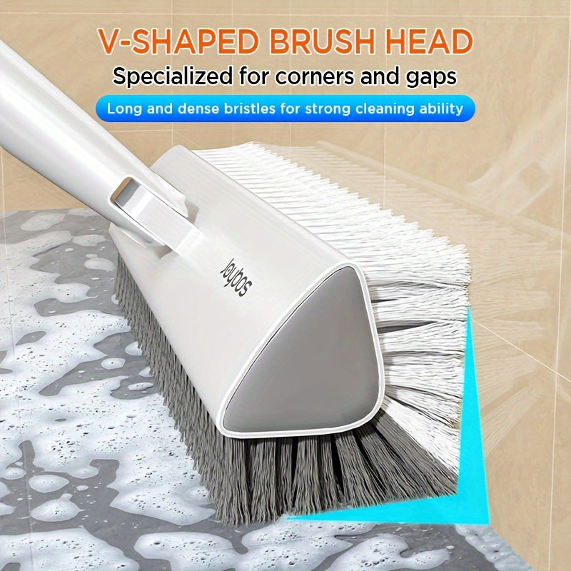 Floor Scrub Brush 52 Inch Long Handle Double-Sided V-Shaped Triangle Head Stiff Bristles Deep Cleaning Corners Gaps Tile Bathroom Kitchen Patio Crevice Brush