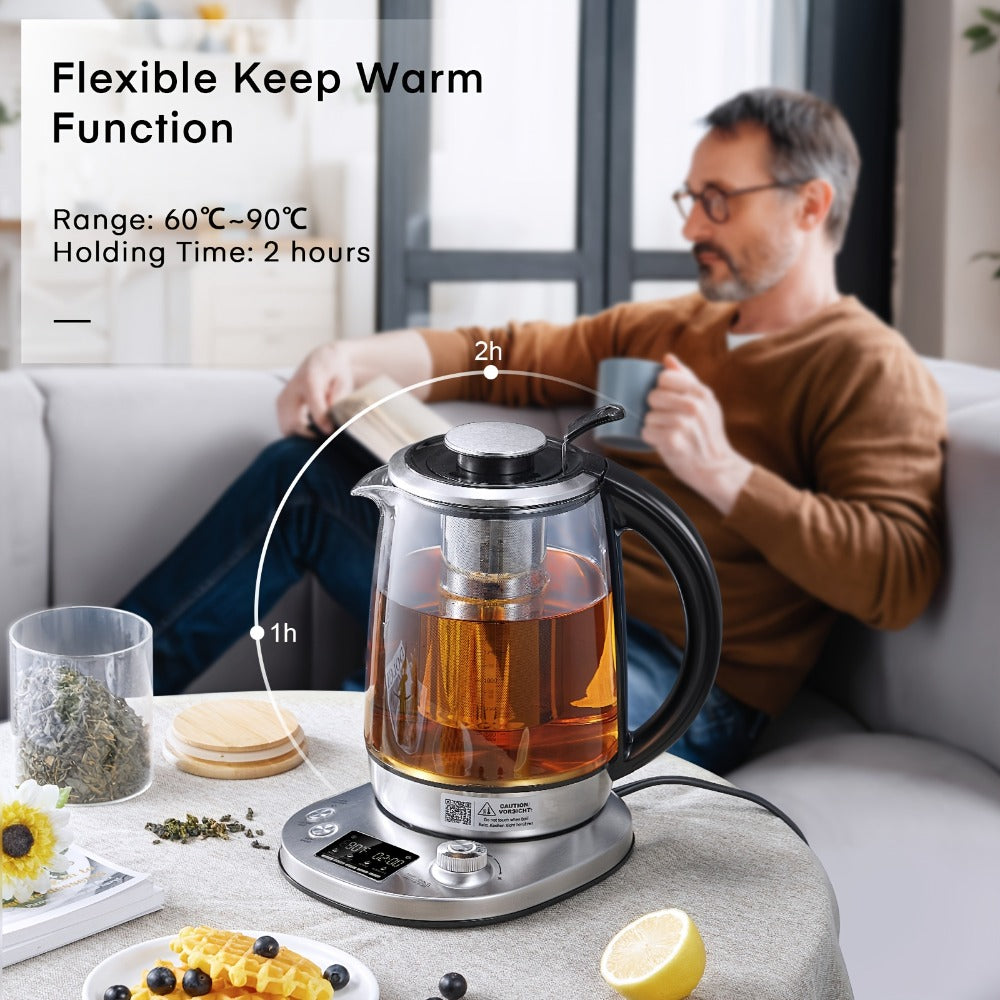 Electric Tea Kettle with 9 Temperature Control Presets ¨C 1.7L Borosilicate Glass Kettle, 1200W, Removable Infuser, 2-Hour Keep Warm, Stainless Steel Hot Water & Tea Pot for Home & Office