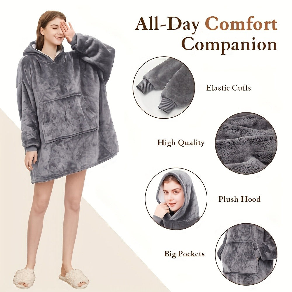 Reversible Hooded Wearable Blanket ¨C Double-Sided Coral Fleece Suede Hoodie with Kangaroo Pocket, Machine Washable, 6 Colors