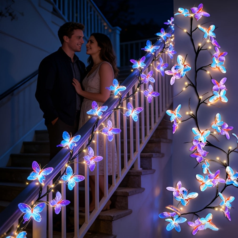 Butterfly Branch String Lights ¨C 30 LED Vine Fairy Lights with Artificial Purple-Blue Butterflies, 8 Lighting Modes, USB Powered Warm White, Boho Wall Decor for Bedroom Wedding Birthday Party Festival