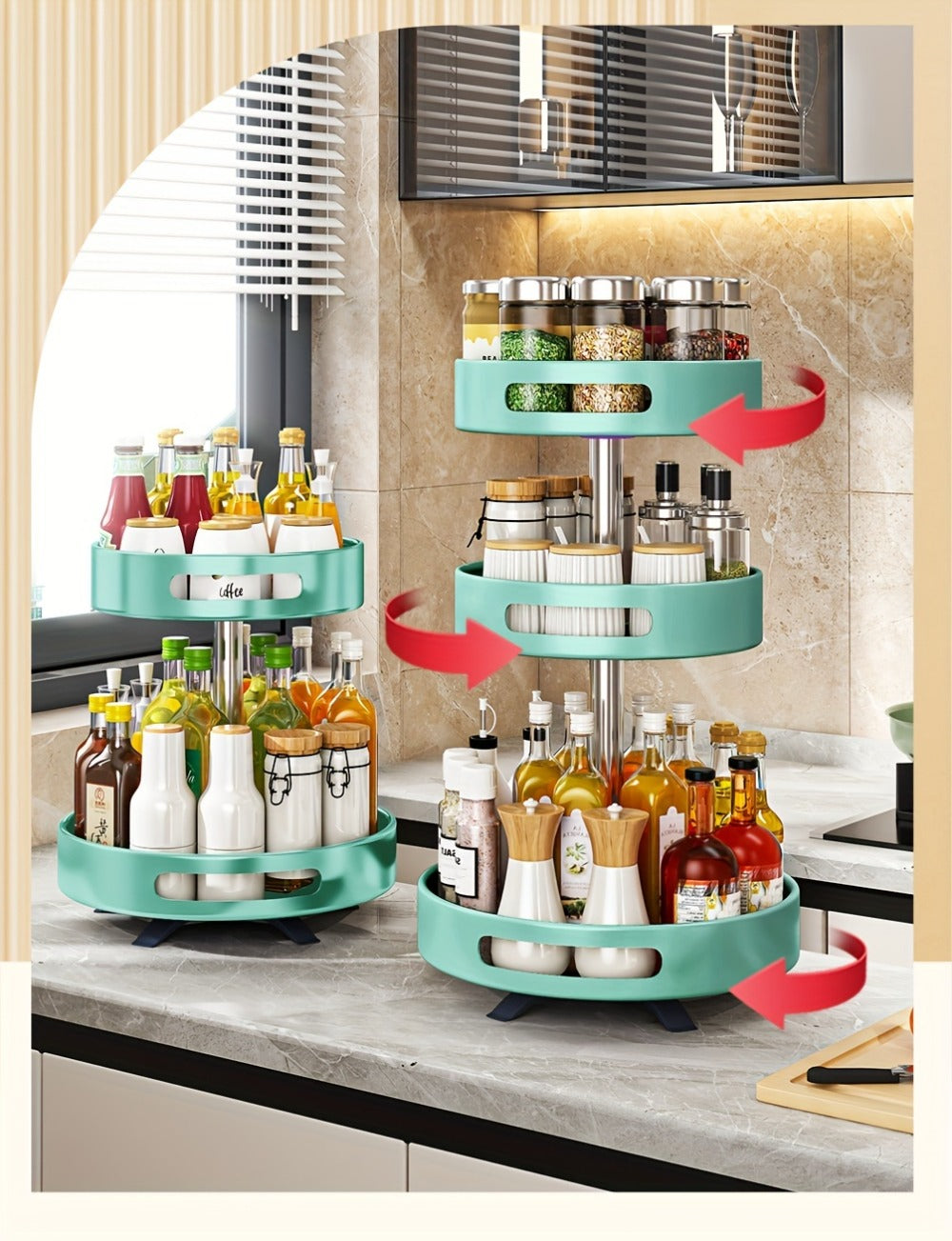 Rotating Spice Rack Double Layer Stainless Steel Countertop Corner Seasoning Storage Organizer for Kitchen Pantry Cabinet Green Silver White Black
