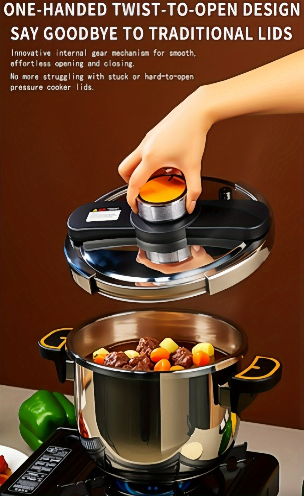 Pressure Cooker Stainless Steel with One-Twist Lock Lid ¨C Heavy-Duty Induction & Gas Compatible Stew Pot in 1.32gal, 1.59gal & 2.11gal, Dishwasher Safe Family Soup Cooker for Daily Cooking