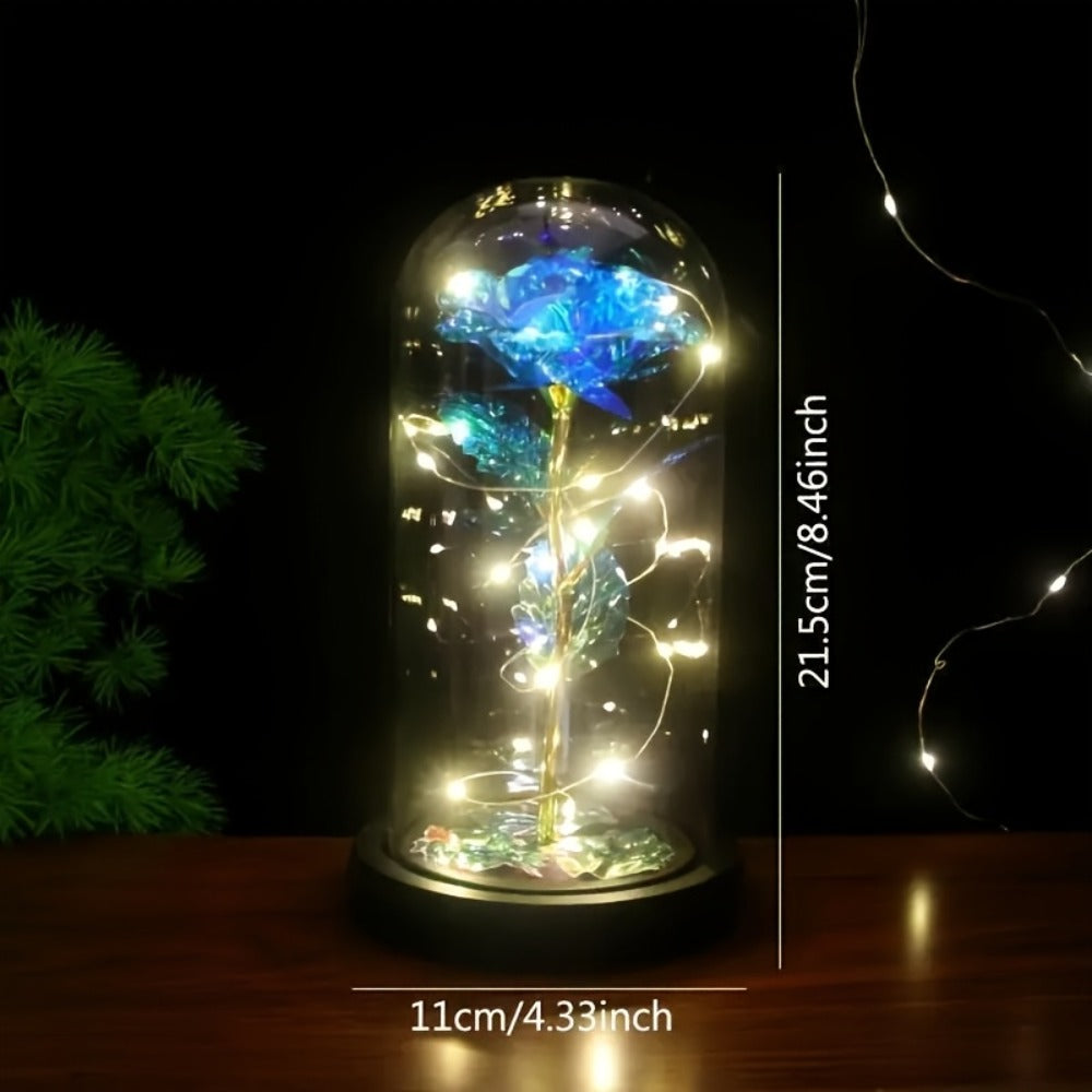 LED Rose Flower in Glass Dome, Eternal Foil Rose with LED Light, Romantic Valentine's Day Gift for Girlfriend, Mother's Day Wedding Bridesmaid Desktop Decoration, Battery Powered