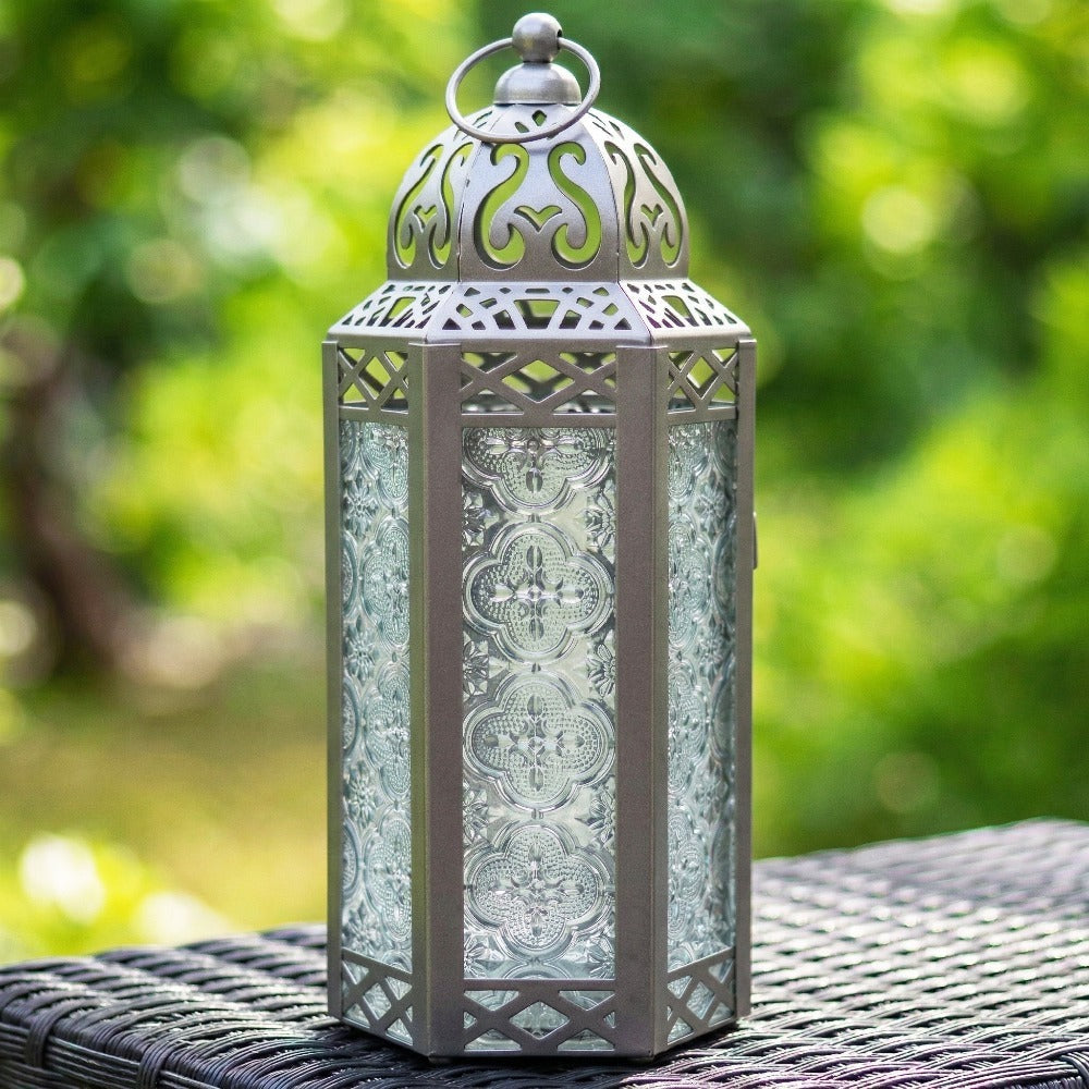 Moroccan Candle Lantern Holder - Decorative Metal & Glass Lantern with Embossed Floral Design for Indoor Home Decor, Garden, Patio, Weddings, Ramadan, Halloween & Holiday Celebrations - 10.5¡± Tall Medium Size