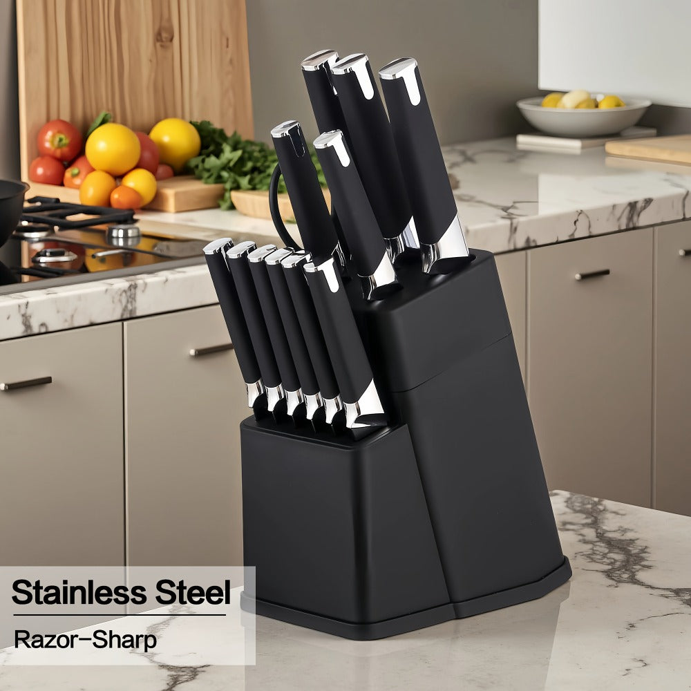 13-Piece Kitchen Knife Set with Block, Chef Bread Steak Knives Scissors Stainless Steel Colorful Cutlery Gift Set with Knife Holder