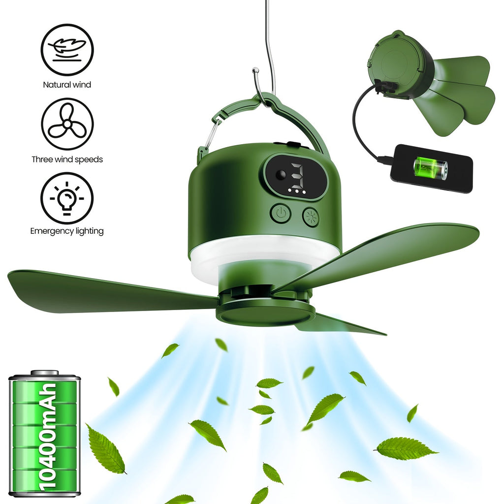 Portable Camping Ceiling Fan 10400mAh USB Rechargeable Remote Control 4-Speed Mute Fan Lamp with Phone Charging for Outdoor Tent Dorm Home White Dark Green