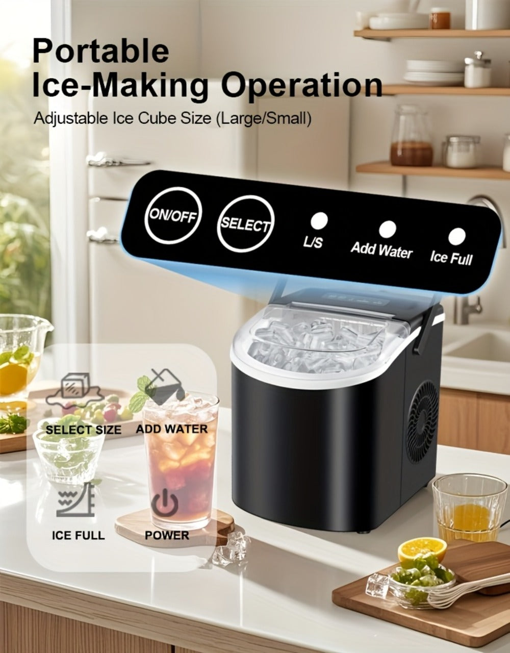 Ice Maker with Basket & Scoop ¨C 26 Lbs/Day Countertop Bullet Ice Machine, 9 Cubes in 6 Mins, Self-Cleaning, 5 Colors Pink White Green Silver Black, for Home, Kitchen, Office, Bar, RV & Camping