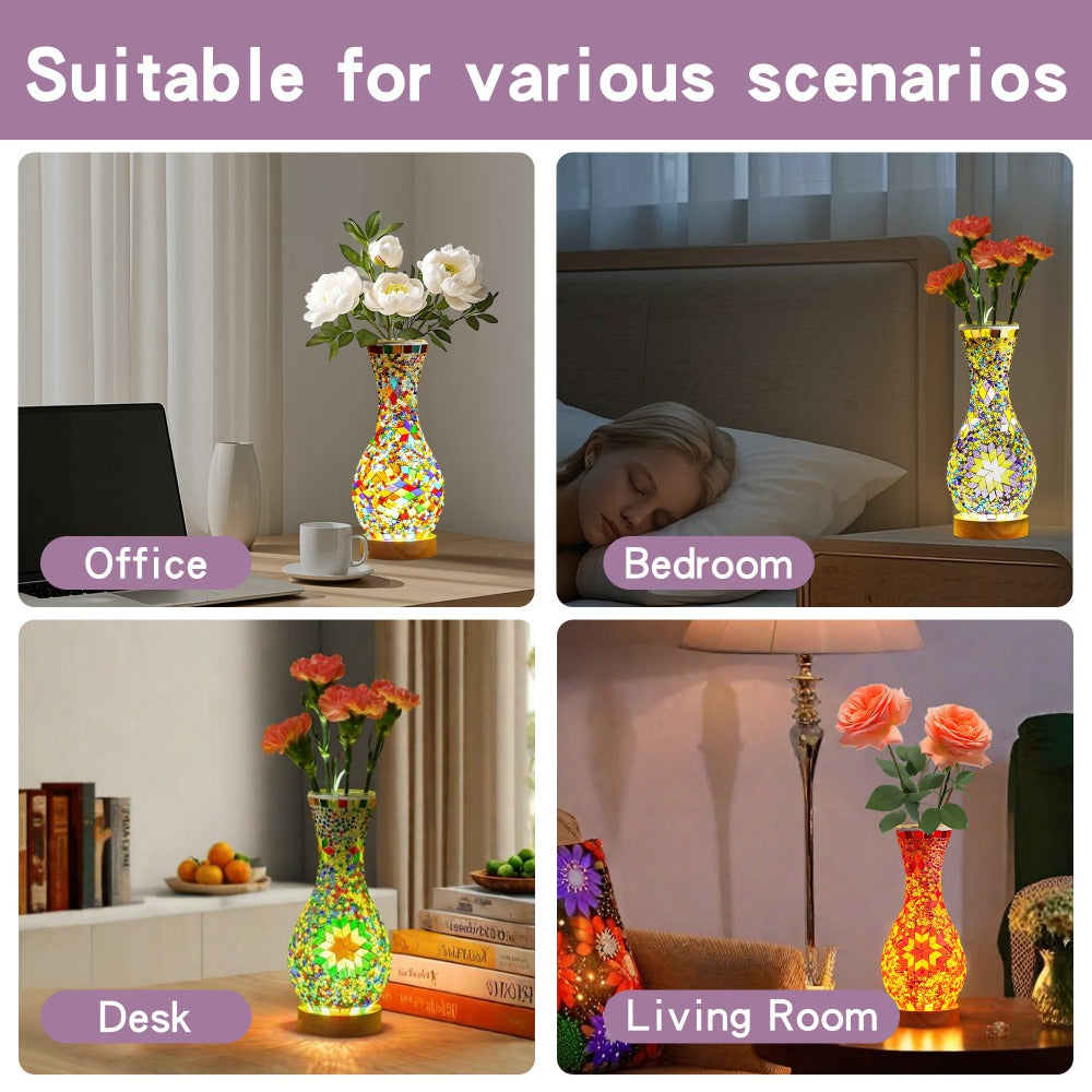 Mosaic Vase Lamp Turkish Moroccan Handmade Colorful Glass Table Lamp with Wooden Base ¨C USB Plug-In Boho Night Light, Flower Vase Lamp for Bedroom Living Room Decor, Bohemian Mosaic Desk Lamp Gift