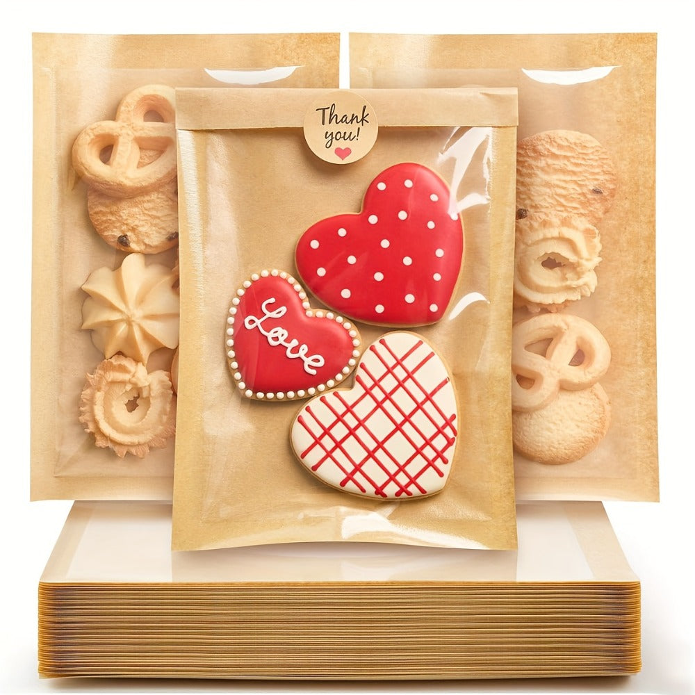 Cookie Bags with Window 300pcs Kraft Paper Treat Bags with Thank You Stickers Grease Resistant Clear Front Bakery Bags for Cookies Donuts Pastry Snack Packaging
