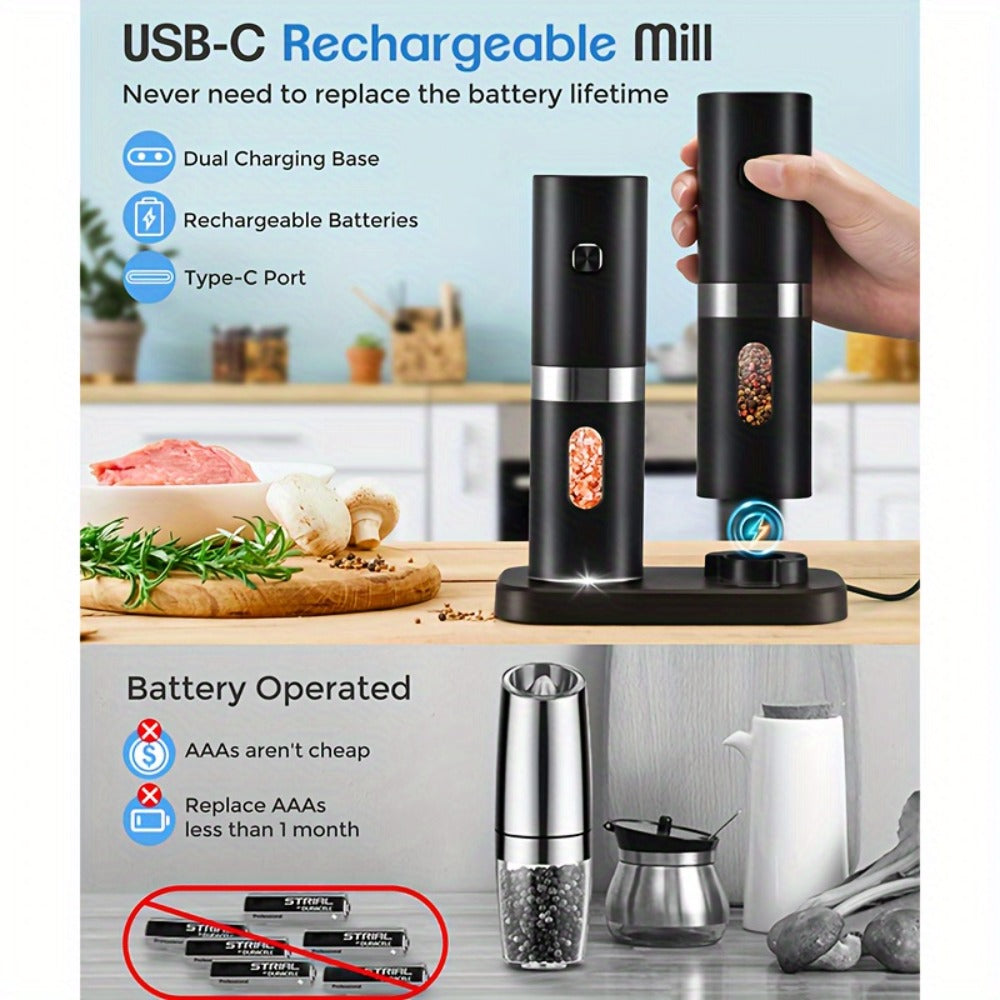 Electric Salt and Pepper Grinder Set 2-Pack Rechargeable with Charging Base & White Light - One-Hand Automatic Operation, Battery-Powered Salt Pepper Mill Set for Kitchen Cooking, Gift for Dad