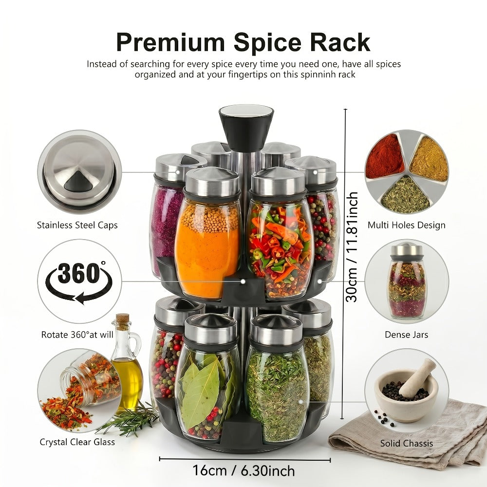 Glass Spice Jar Set with Rotating Rack ¨C Airtight Kitchen Spice Organizer with 360¡ã Stainless Steel Stand ¨C Food Grade Glass Seasoning Bottles for Pantry, Cabinet & Countertop Storage ¨C 6 or 12 Piece