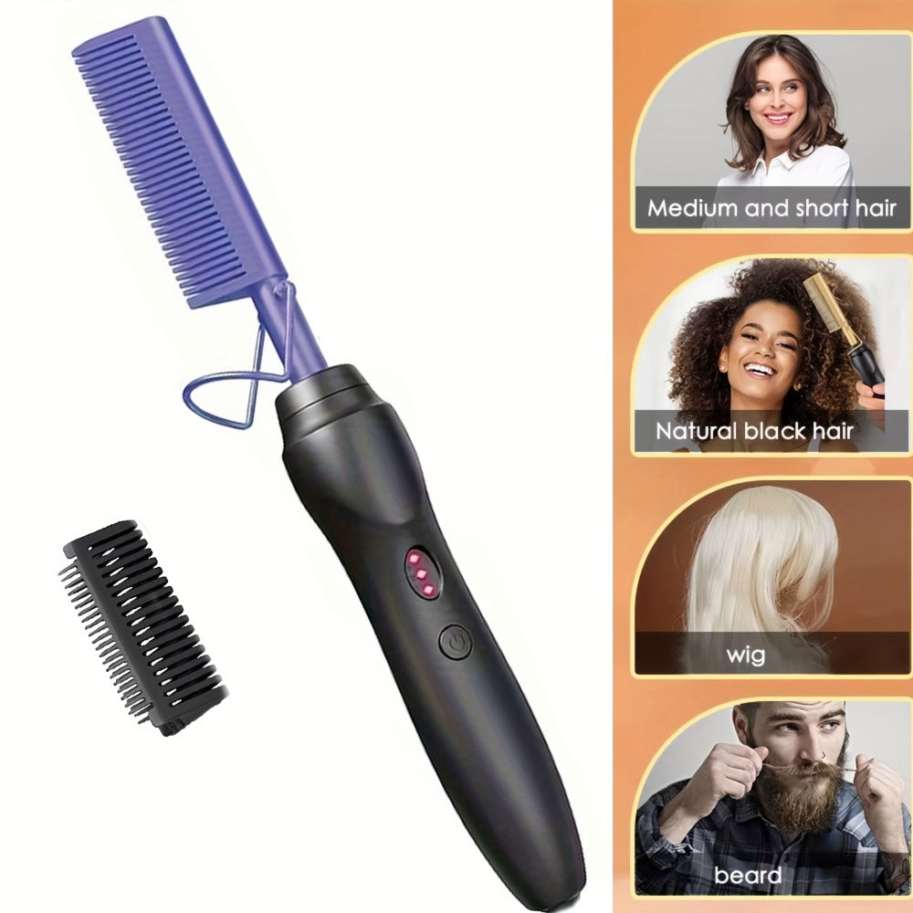 Electric Hot Comb Hair Straightener ¨C 3-in-1 Ceramic Pressing Comb for Natural Hair, Beard & Wigs, Curling & Straightening Iron with Protective Holder, Bonus 2 Clips & 1 Comb, Gift Ready
