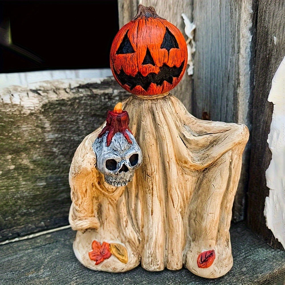 Halloween Pumpkin Wizard Resin Figurine 2-Pack ¨C Spooky Desktop Ornament & Bookshelf Decor, Skeleton Gnome Tabletop Statue for Halloween Home Decor & Seasonal Display