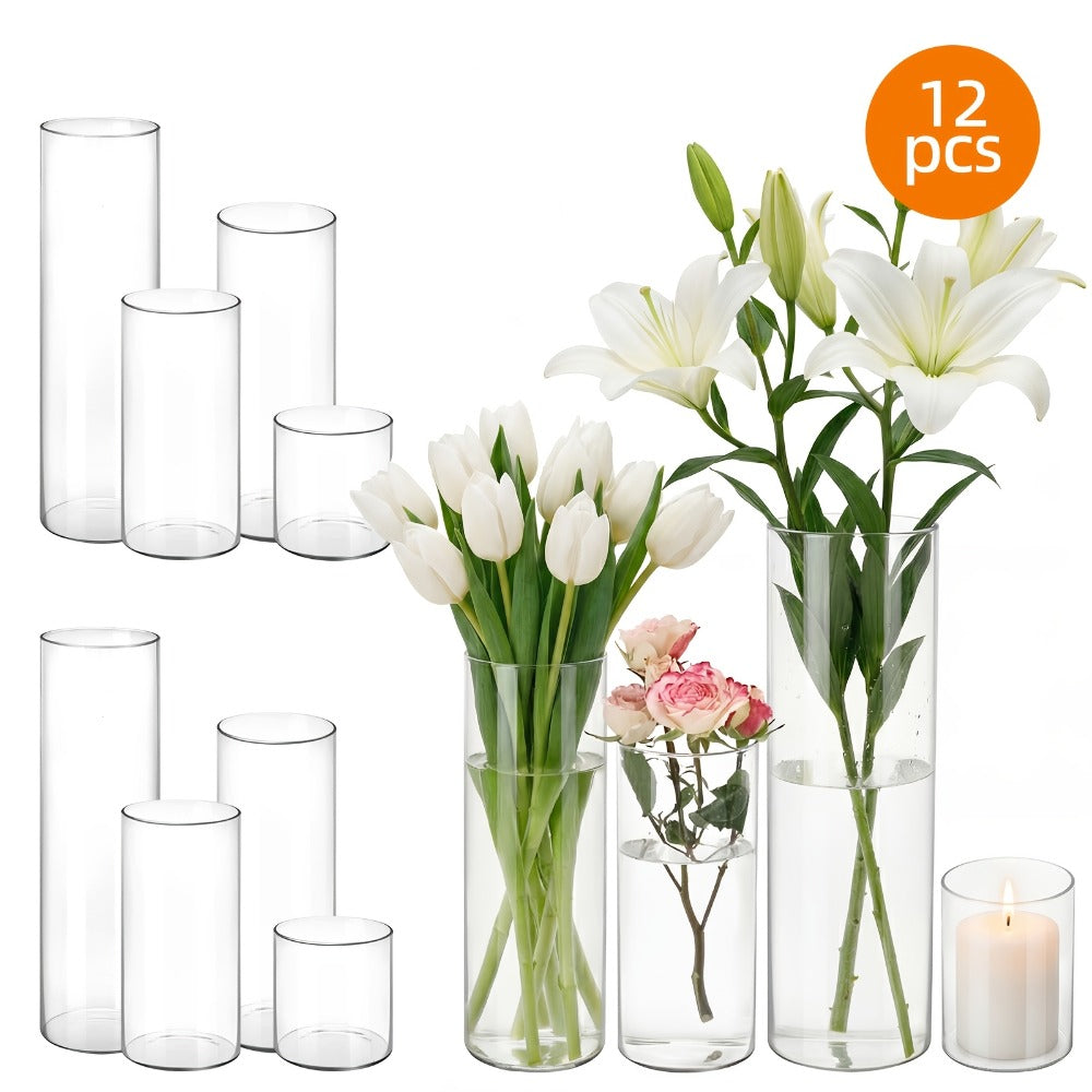 Glass Cylinder Vases Set 12 or 24pcs Clear Tall Flower Vase Candle Holder 4 Sizes for Wedding Centerpieces Home Decor Party Table Decoration DIY Candle Making