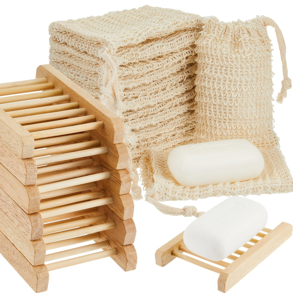 Soap Exfoliating Mesh Bag with Wooden Holder Set 60 Pcs | Natural Sisal Bath Scrubber Bags & Rectangle Wood Soap Dish for Shower, Bathroom Sink, Body Scrub & Skin Cleansing Accessories