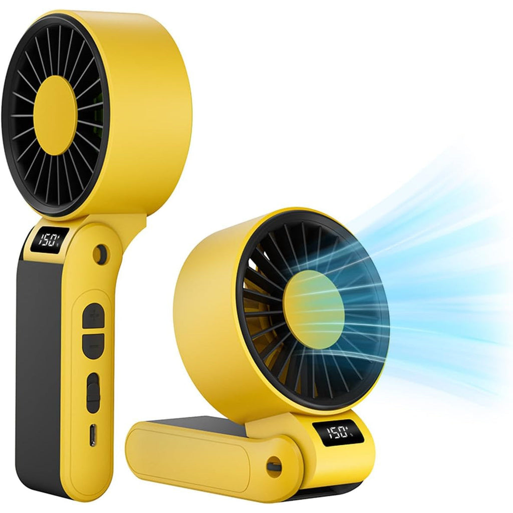 Handheld Fan USB-C Rechargeable 150-Speed Stepless Adjustable Turbo Fan LED Display Foldable Wearable Neck Desk Fan for Outdoor Travel Office Camping Black White Yellow