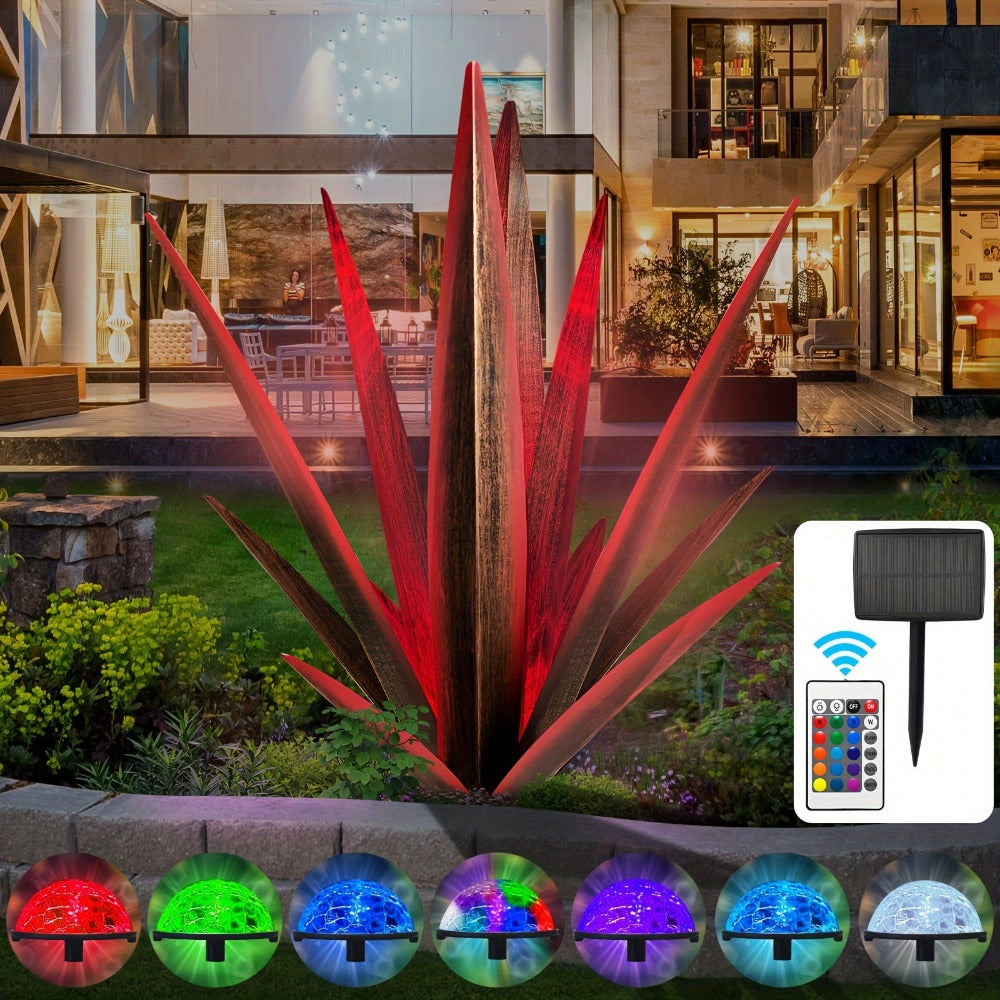 Solar Powered Agave Metal Sculpture Garden Statue - Hand-Painted Rustic Agave Figurine with LED Light & Remote Control, Indoor Outdoor Lawn Yard Courtyard Decor, Holiday Garden Art Gift
