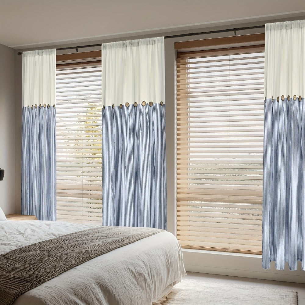 Semi Sheer Curtains Bohemian Linen Cotton Patchwork Grommet Top Window Drapes for Bedroom Living Room Kitchen Bathroom Cafe - Boho Country Cottage Style 4 Seasons 1 or 2 Panels