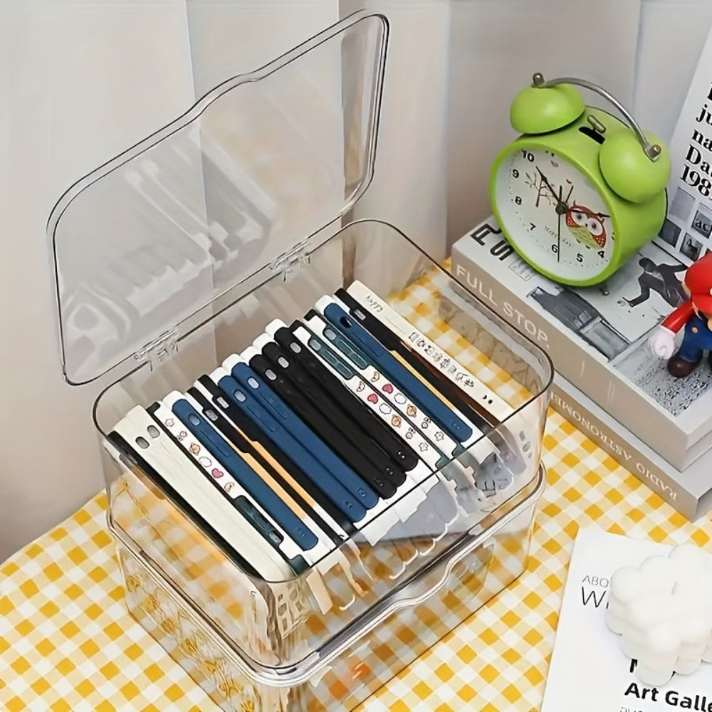 Clear Acrylic Desktop Organizer with Lid - Phone Case Storage Basket for Home Office Desk Organization
