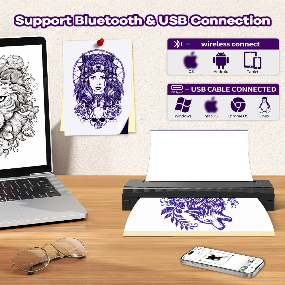 Tattoo Stencil Printer D80 - Wireless Bluetooth Thermal Printer for Tattoo Transfer Paper & A4 Office Printing, Portable Inkless Printer Compatible with iOS Android Laptop Phone Tablet